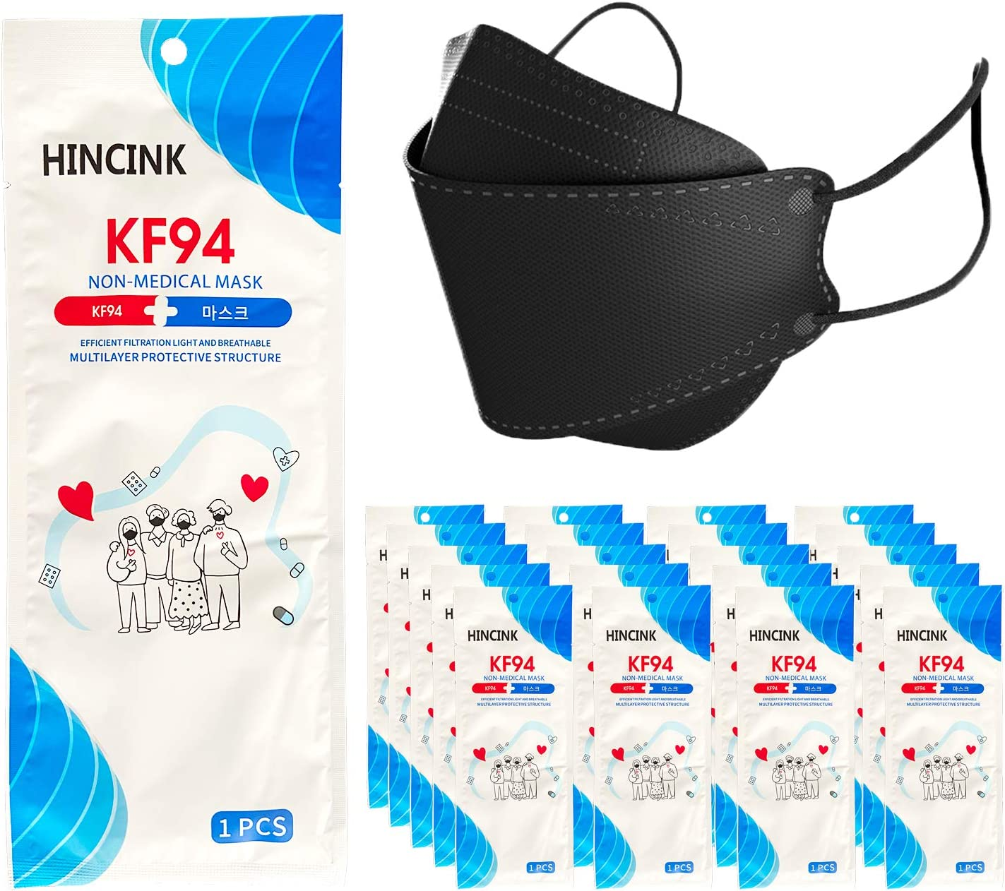 [30 Pack]HINCINK Kf94 Masks Black [Individually Packaged] Unisex, 4-Layer Mask, Tri-Folding Style for Adult and Older (30Pcs, Black)